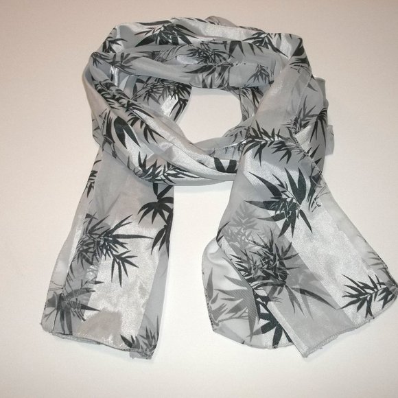 Scarf Light Grey with Black Palm Leaves Lightweight Long Accessory Woman S13 - Picture 6 of 7